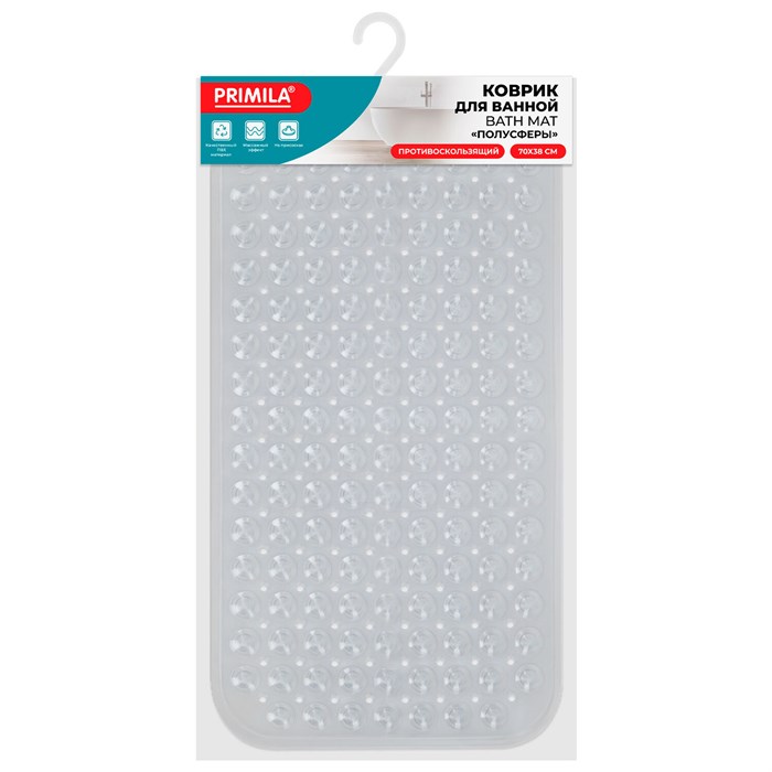 Коврик для ванны противоскользящий 70х38 см, "Полусферы", прозрачный, ПВХ, присоски, PRIMILA (ПРИМИЛА), 700382 700382