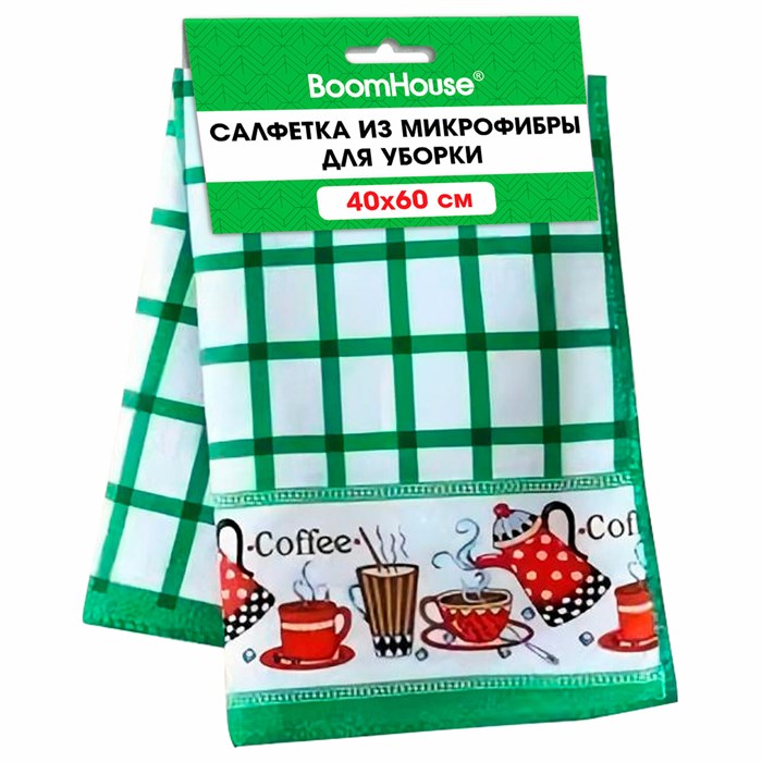 Салфетка из МИКРОФИБРЫ универсальная 40 х 60 см, зеленая клетка, орнамент, 240 г/м2, BOOMHOUSE, 700878 700878