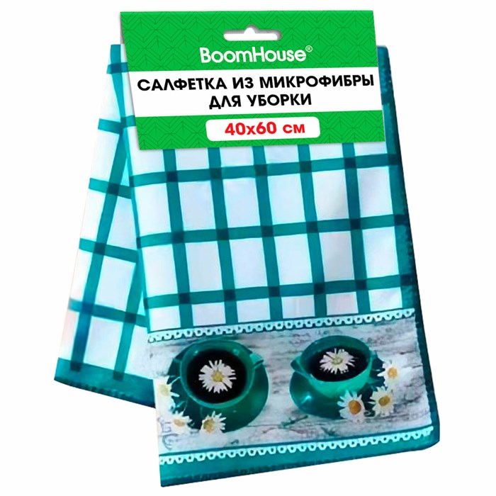 Салфетка из МИКРОФИБРЫ универсальная 40х60см, бирюзовая клетка, орнамент, 240г/м2, BOOMHOUSE, 700879 700879