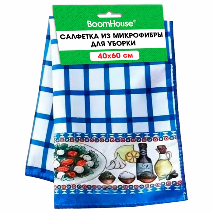 Салфетка из МИКРОФИБРЫ универсальная 40 х 60 см, синяя клетка, орнамент, 240 г/м2, BOOMHOUSE, 700881 700881