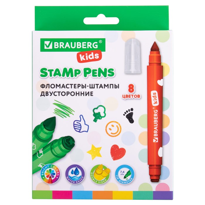 Фломастеры-штампы двусторонние FUNNY STAMPS, 8 цветов, BRAUBERG KIDS, картонная коробка с европодвесом, 152179 152179 - фото 39391