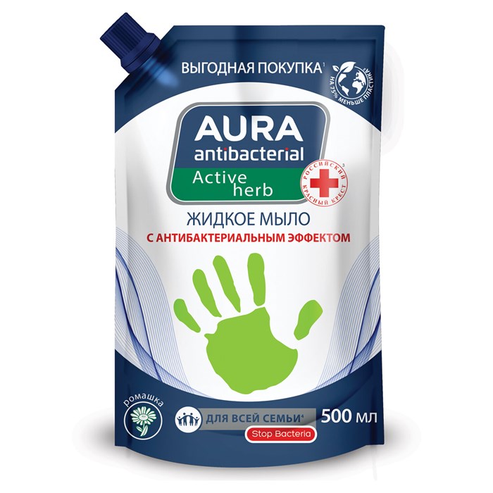 Мыло жидкое антибактериальное для всей семьи 500 мл, AURA АНТИБАКТЕРИАЛЬНАЯ "Ромашка", дой-пак, 10510 702053