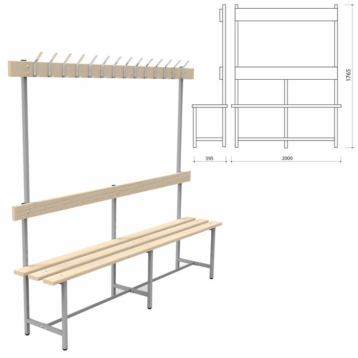Скамья с вешалкой, спинкой СВТ 6, 1765х2000х395 мм, 14 крючков, регулируемые опоры, каркас металлический серый, сиденье дерево 532536 - фото 39549