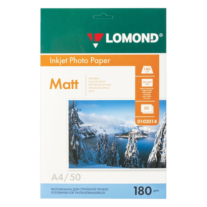 Фотобумага матовая, А4, 180 г/м2, односторонняя, 50 листов, LOMOND, 0102014 360931