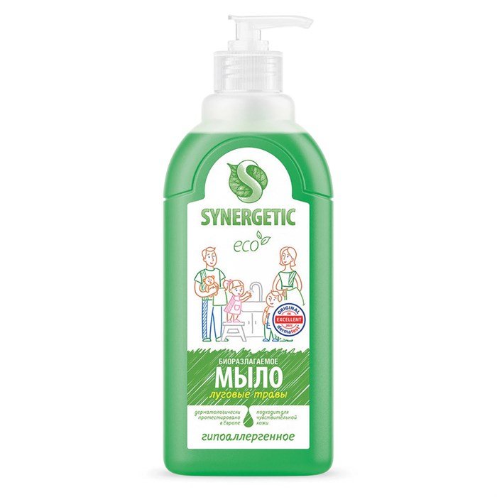 Мыло жидкое 500 мл SYNERGETIC Луговые травы, гипоаллергенное, биоразлагаемое, дозатор 605552