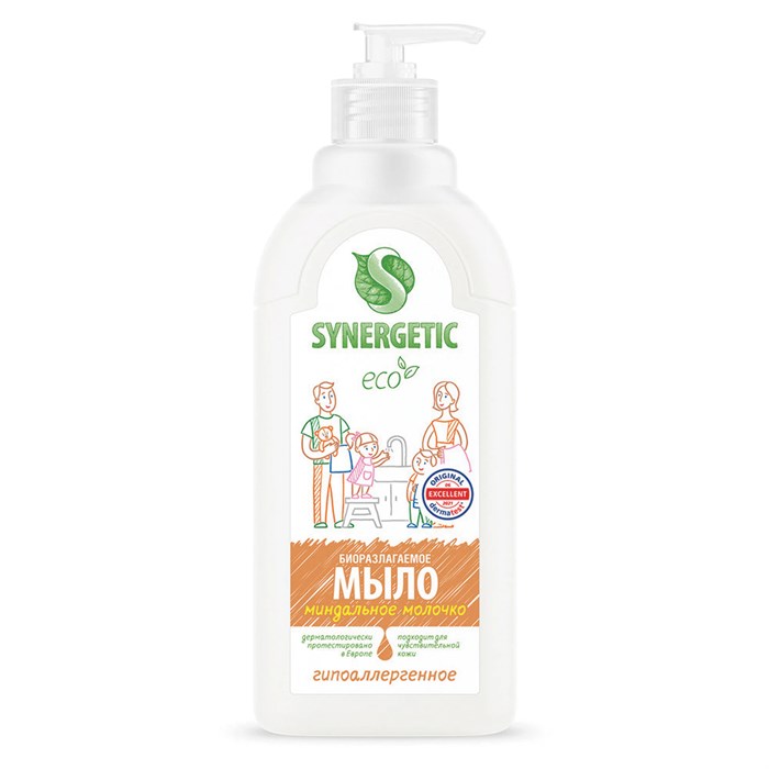 Мыло жидкое 500 мл SYNERGETIC "Миндальное молочко", гипоаллергенное, биоразлагаемое, дозатор, 105058 608028