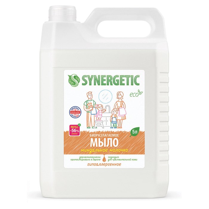 Мыло жидкое 5 л SYNERGETIC Миндальное молочко, гипоаллергенное, биоразлагаемое 605553