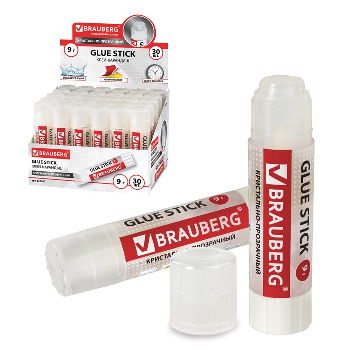 Клей-карандаш 9 г, BRAUBERG "Crystal",  прозрачный, 227967, PVP 227967