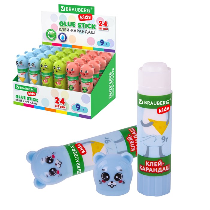 Клей-карандаш Зверята: кошка, мышка, хрюшка, 9 г, фигурный колпачок, BRAUBERG KIDS, 271138 271138