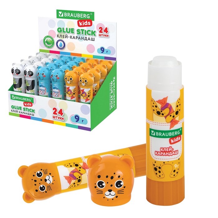 Клей-карандаш Зверята: панда, слон, леопард, 9 г, фигурный колпачок, BRAUBERG KIDS, 271139 271139
