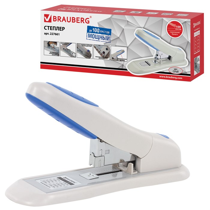 степлeр МОЩНЫЙ №24/6-23/15 BRAUBERG Heavy duty PRO, до 100 листов, эргономичный, серо-синий, 227661 227661
