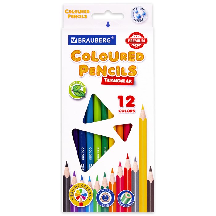 Карандаши цветные BRAUBERG PREMIUM, 12 цветов, трехгранные, грифель 3 мм, 181661 181661