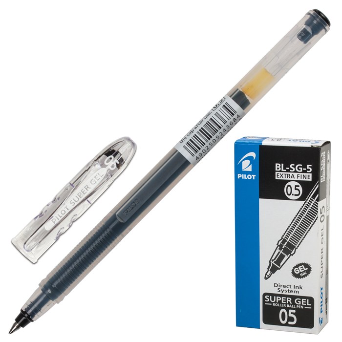 Ручка гелевая PILOT Super Gel, ЧЕРНАЯ, корпус прозрачный, узел 0,5 мм, линия письма 0,3 мм, BL-SG-5 141841