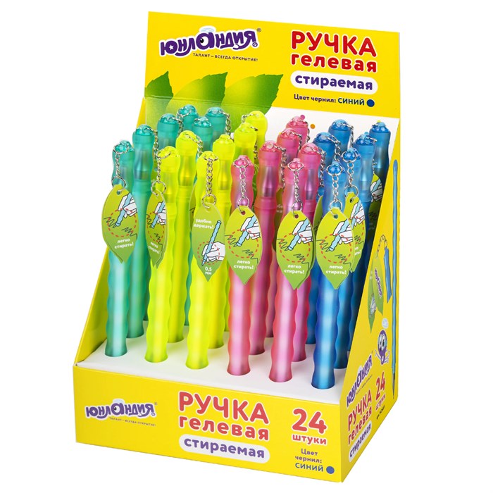 Ручка стираемая гелевая ЮНЛАНДИЯ Горошек, СИНЯЯ, прорезиненный корпус ассорти, линия письма 0,35 мм, 143669 143669