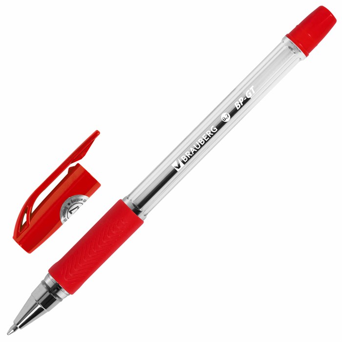 Ручка шариковая BRAUBERG BP-GT, КРАСНАЯ, корпус прозрачный, евронаконечник 0,7 мм, линия письма 0,35 мм, 144007 144007
