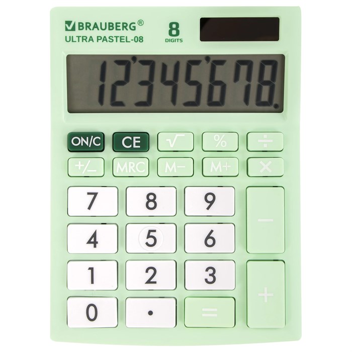 Калькулятор настольный BRAUBERG ULTRA PASTEL-08-LG, КОМПАКТНЫЙ (154x115 мм), 8 разрядов, двойное питание, МЯТНЫЙ, 250515 250515