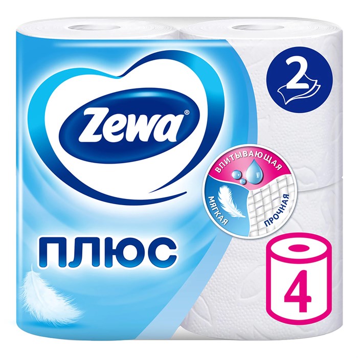 Бумага туалетная 2-х слойная, 4 рулона (4х23 м), белая, ZEWA Plus, 144051 122814