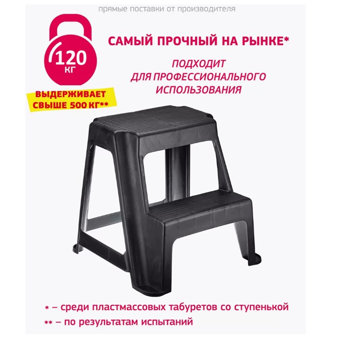 Стремянка-табурет, 2 ступени, стационарная, пластиковая, нагрузка 120 кг, вес 2,4 кг, черная, IDEA 602537