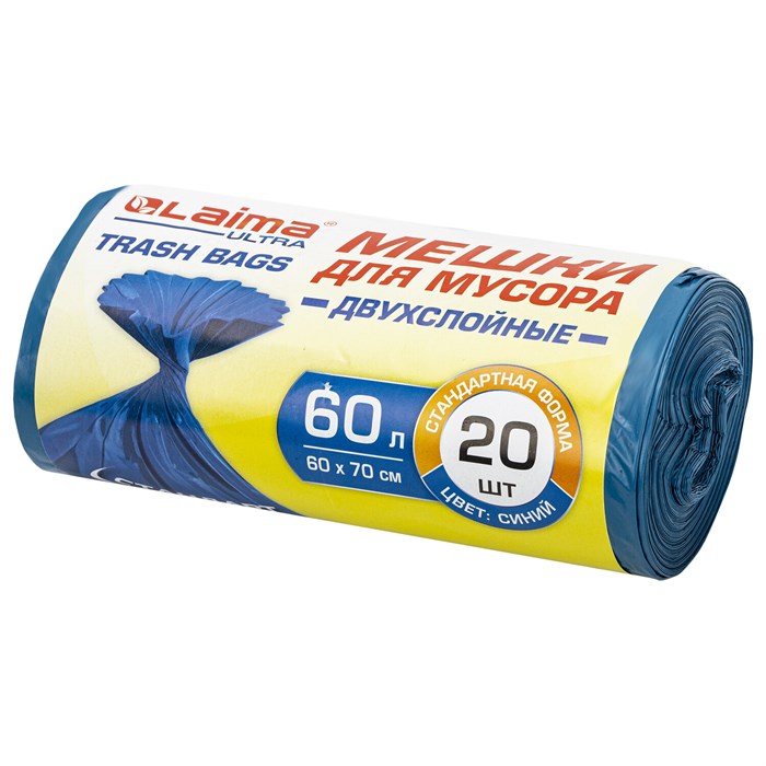Мешки для мусора LAIMA ULTRA 60 л синие, в рулоне 20 шт. прочные, ПВД 21 мкм, 60х70 см, 607687 607687