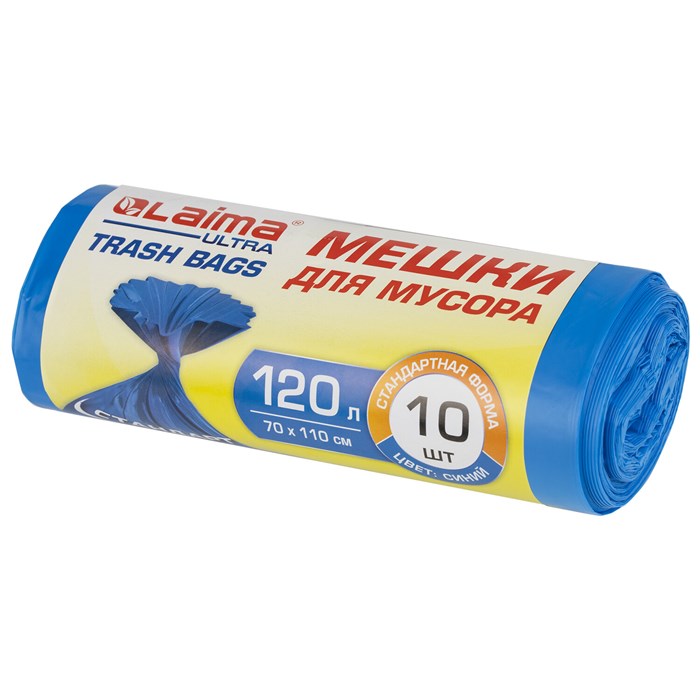 Мешки для мусора LAIMA ULTRA 120 л синие, рулон 10 шт. особо прочные, ПНД 23 мкм, 70х110 см, 607695 607695