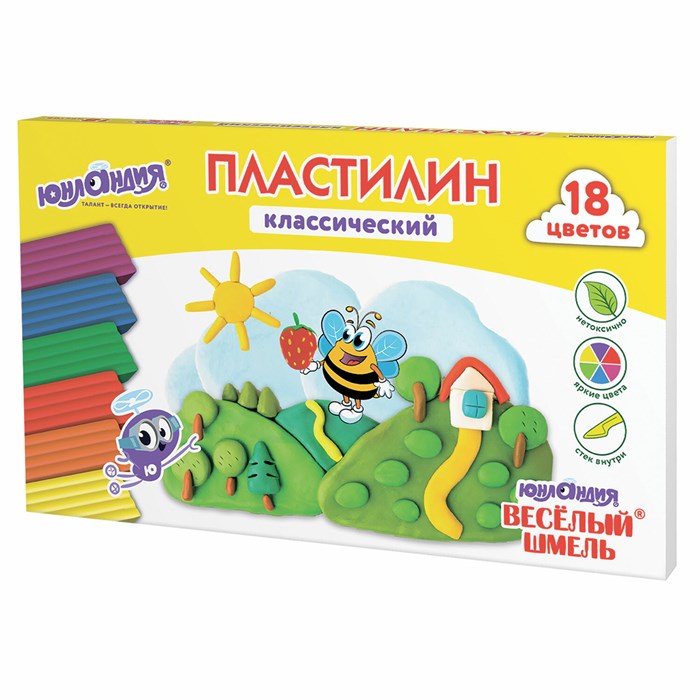Пластилин классический ЮНЛАНДИЯ ВЕСЁЛЫЙ ШМЕЛЬ, 18 цветов, 360 грамм, стек, ВЫСШЕЕ КАЧЕСТВО, 106432 106432