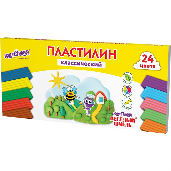 Пластилин классический ЮНЛАНДИЯ ВЕСЁЛЫЙ ШМЕЛЬ, 24 цвета, 480 грамм, стек, ВЫСШЕЕ КАЧЕСТВО, 106433 106433