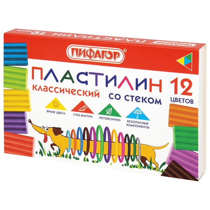 Пластилин классический ПИФАГОР Веселая такса, 12 цветов, 180 г, СО СТЕКОМ, 106675 106675