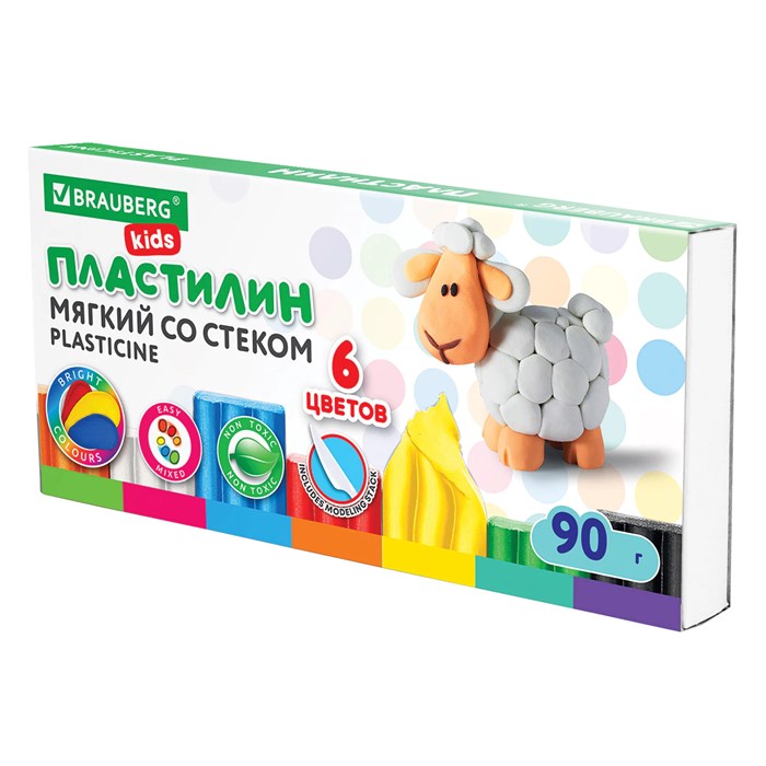 Пластилин мягкий восковой BRAUBERG KIDS, 6 цветов, 90 г, со стеком, 106493 106493