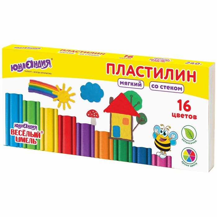 Пластилин мягкий ЮНЛАНДИЯ ВЕСЕЛЫЙ ШМЕЛЬ, 16 цветов, 240 г, СО СТЕКОМ, 106673 106673