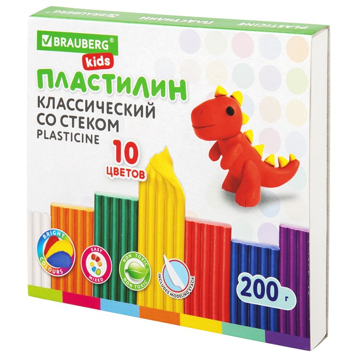 Пластилин классический BRAUBERG KIDS, 10 цветов, 200 г, со стеком, 106504 106504