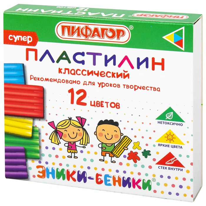 Пластилин классический ПИФАГОР ЭНИКИ-БЕНИКИ СУПЕР, 12 цветов, 120 г, стек, 106505 106505