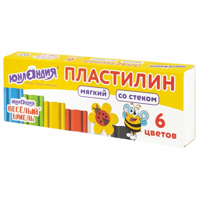 Пластилин мягкий ЮНЛАНДИЯ ВЕСЕЛЫЙ ШМЕЛЬ, 6 цветов, 90 г, СО СТЕКОМ, 106671 106671