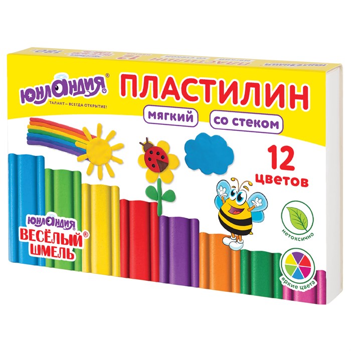 Пластилин мягкий ЮНЛАНДИЯ ВЕСЕЛЫЙ ШМЕЛЬ, 12 цветов, 180 г, СО СТЕКОМ, 106672 106672