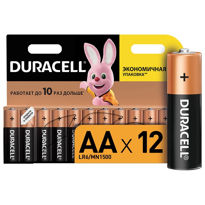 Батарейки КОМПЛЕКТ 12 шт., DURACELL Basic ОРИГИНАЛ, AA (LR6, 15А), алкалиновые, пальчиковые 450432
