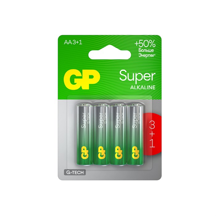 Батарейки КОМПЛЕКТ 4 шт., GP Super, AA (LR6,15А), алкалиновые, пальчиковые, ПРОМО 3+1, 15A3/1-2CR4 455920