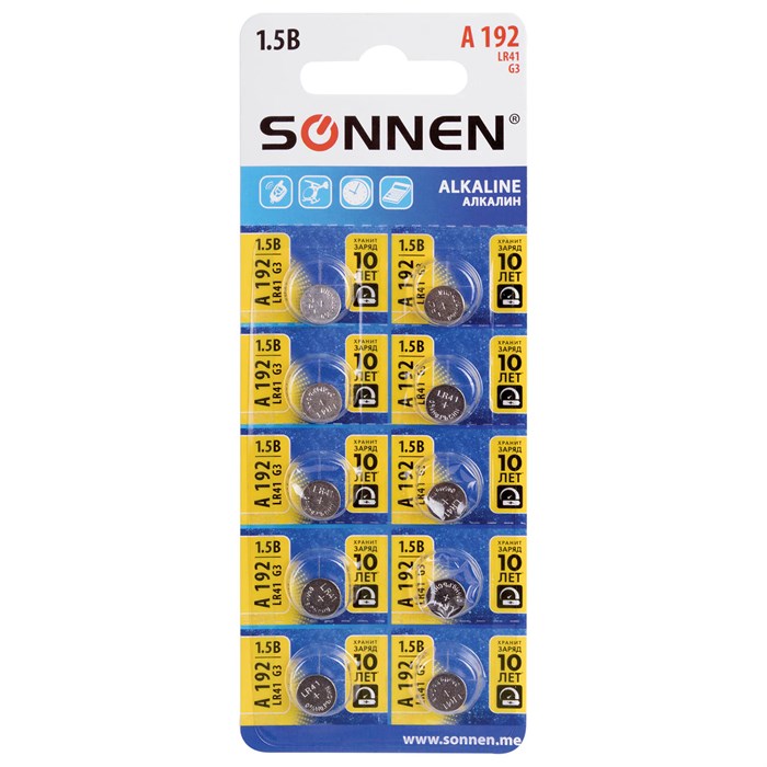 Батарейка алкалиновая таблетка 1 шт., SONNEN Alkaline, 192A (G3, LR41), блистер, отрывной блок, 455603 455603