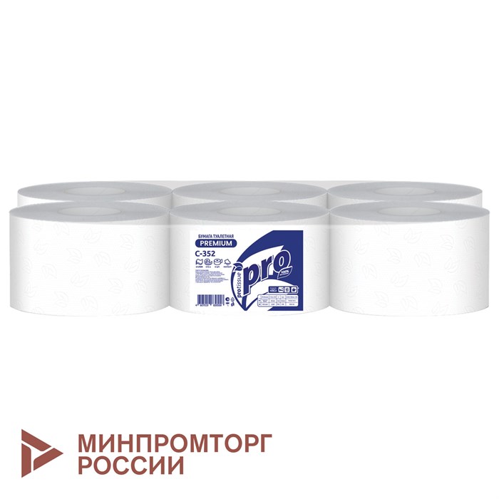 Бумага туалетная 215 м с центральной вытяжкой PROtissue (T8) PREMIUM, 2-слойная, белая, КОМПЛЕКТ 6 шт., С352 115361