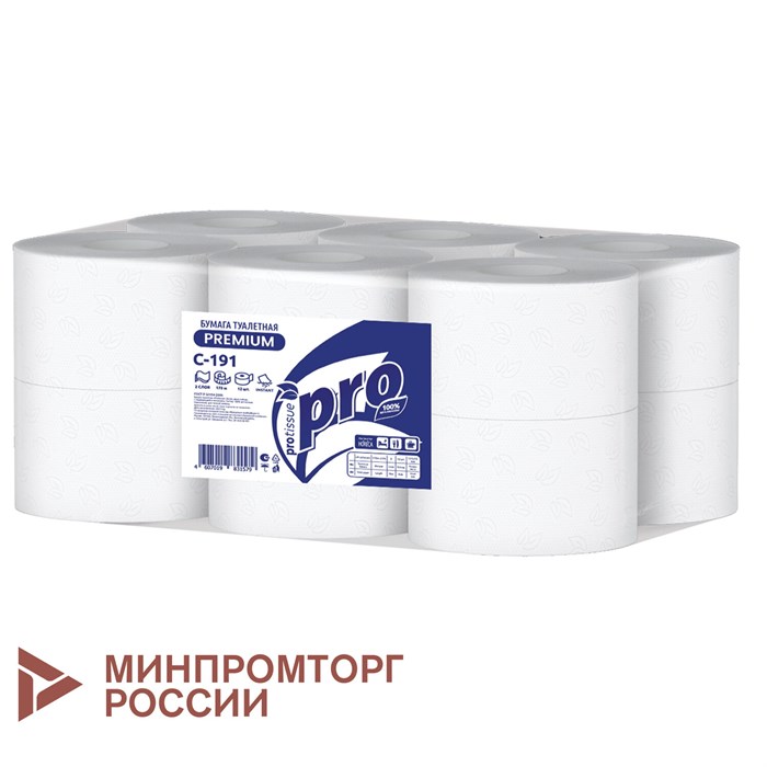 Бумага туалетная 170 метров, PROtissue (T2) PREMIUM, 2-слойная, белая, КОМПЛЕКТ 12 рулонов, С191 114329