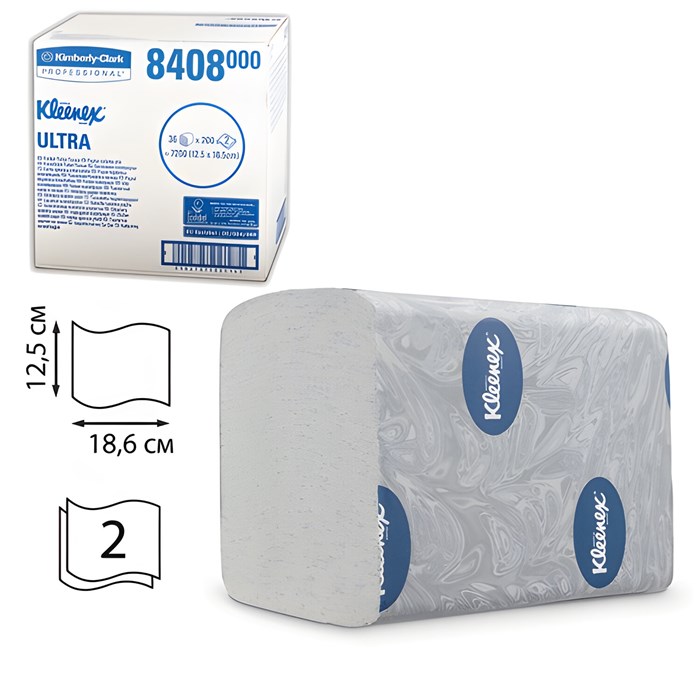 Бумага туалетная KIMBERLY-CLARK Kleenex, комплект 36 шт., Ultra, листовая, 200 л., 18,6х12,5 см, 2-слойная, диспенсер 601545, 8408 126128
