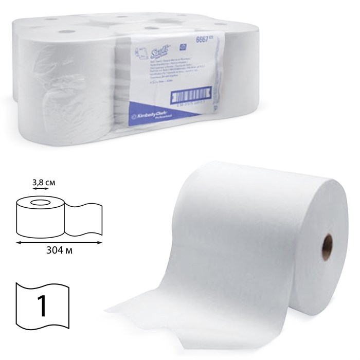 Полотенца бумажные рулонные KIMBERLY-CLARK Scott, КОМПЛЕКТ 6 шт., 304 м, белые, диспенсер 601536, 6667 126122