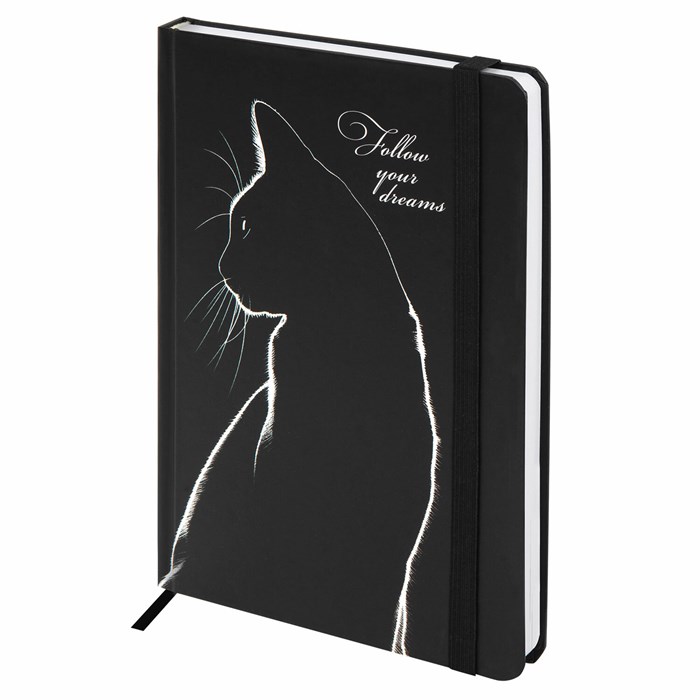 Ежедневник недатированный с резинкой А5 145х203мм, BRAUBERG, твердый, 160л, Black cat, 116305 116305