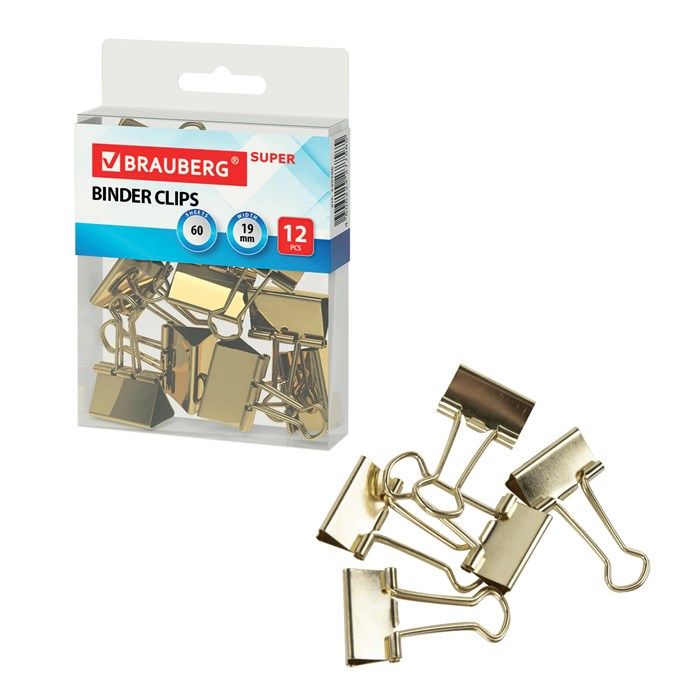 Зaжимы для бумаг BRAUBERG EXTRA, КОМПЛЕКТ 12 шт., 19 мм, на 60 л., золотистые, европодвес, 229586 229586