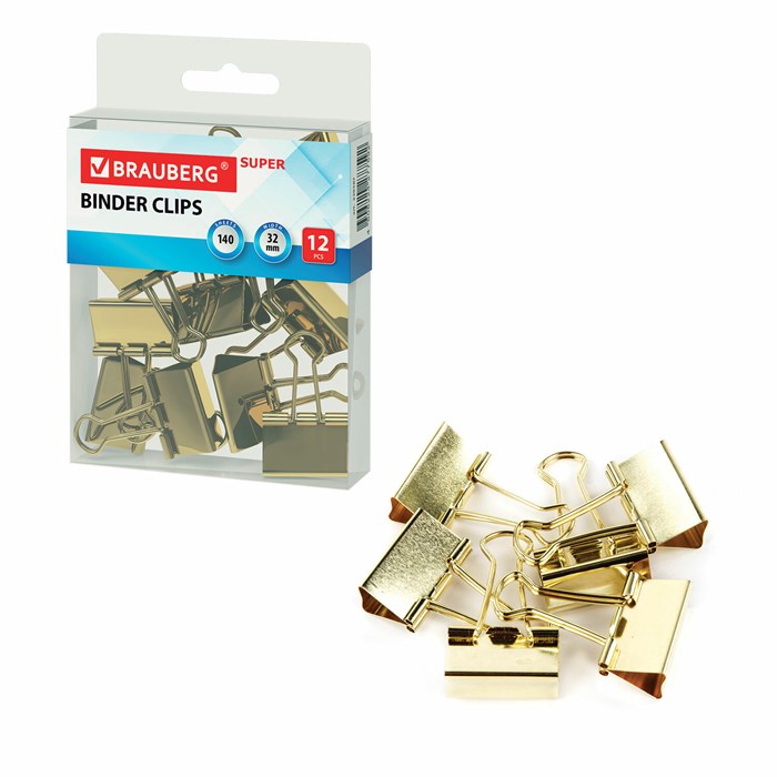 Зaжимы для бумаг BRAUBERG EXTRA, КОМПЛЕКТ 12 шт., 32 мм, на 140 л., золотистые, европодвес, 229587 229587