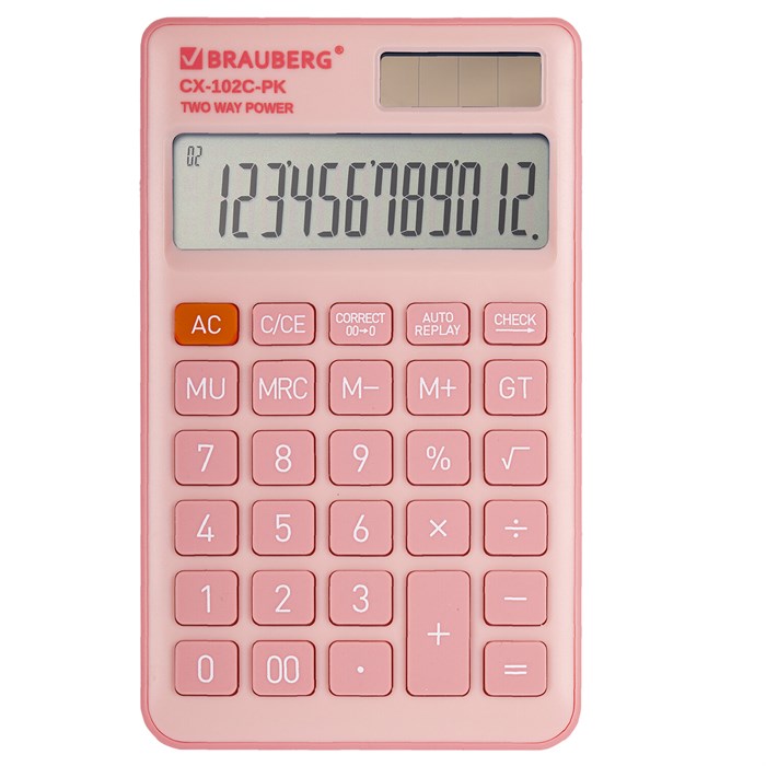 Калькулятор карманный BRAUBERG CX-102C-PK (76x126 мм), 12 разрядов, двойное питание, РОЗОВЫЙ, 272650 272650