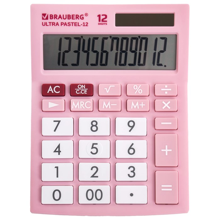 Калькулятор настольный BRAUBERG ULTRA PASTEL-12-PK (192x143 мм), 12 разрядов, двойное питание, РОЗОВЫЙ, 250503 250503