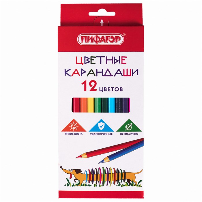 Карандаши цветные ПИФАГОР "Веселая такса", 12 цветов, шестигранные, натуральное дерево, 181806 181806