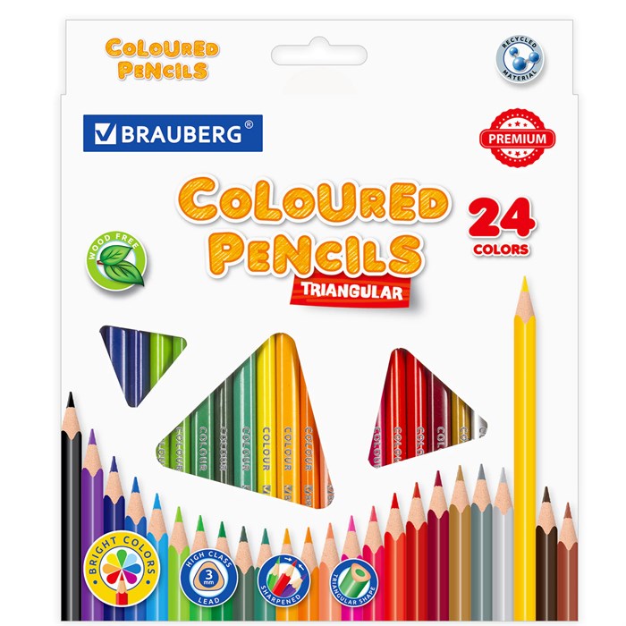 Карандаши цветные BRAUBERG PREMIUM, 24 цвета, трехгранные, грифель 3 мм, 181663 181663