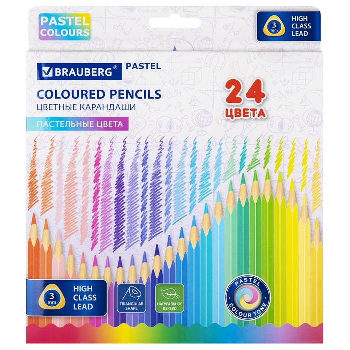 Карандаши цветные BRAUBERG PASTEL, 24 пастельных цвета, трехгранные, грифель 3 мм, натуральное дерево, 181851 181851