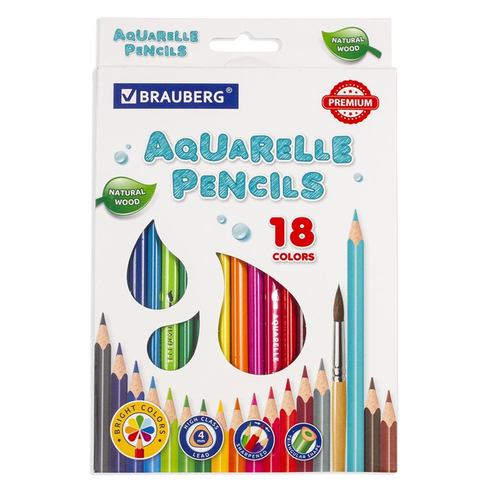 Карандаши цветные акварельные BRAUBERG PREMIUM AQUARELLE, 18 цветов, трехгранные, утолщенный грифель 4 мм, натуральное дерево, 181672 181672