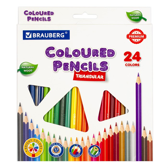 Карандаши цветные BRAUBERG PREMIUM, 24 цвета, трехгранные, грифель 3,3 мм, натуральное дерево, 181653 181653